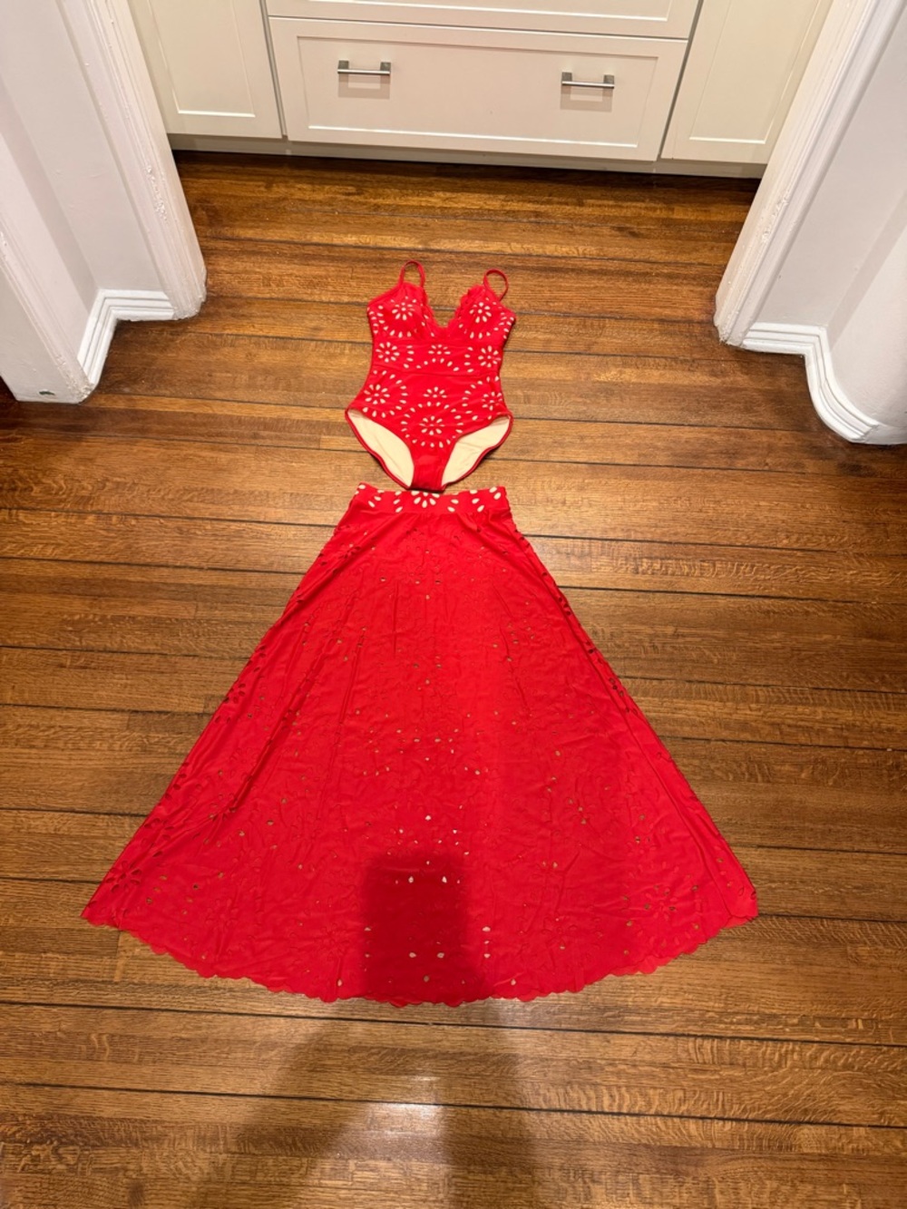 Red Laser-Cut Swim Coverup Skirt with Matching One-Piece Bodysuit